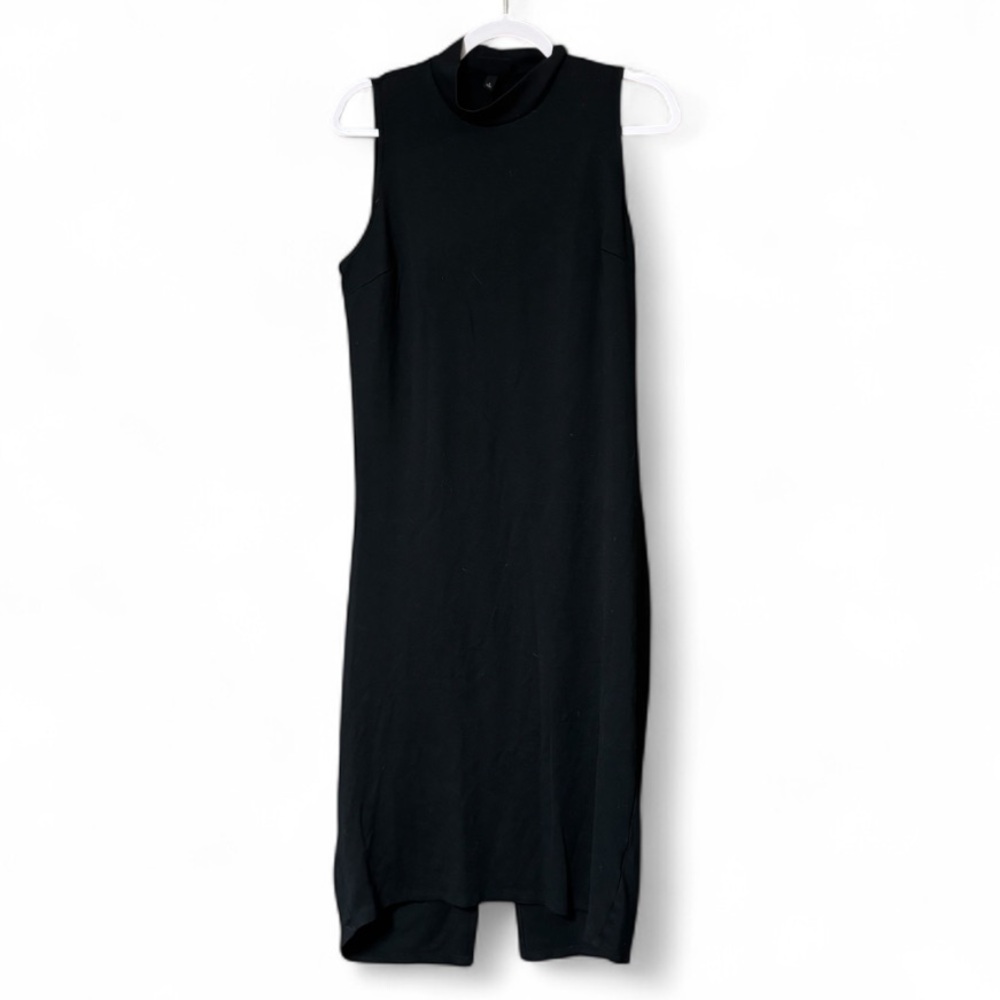 WHO WHAT WEAR • Black Back Slit Mock Neck Sleeveless Dress